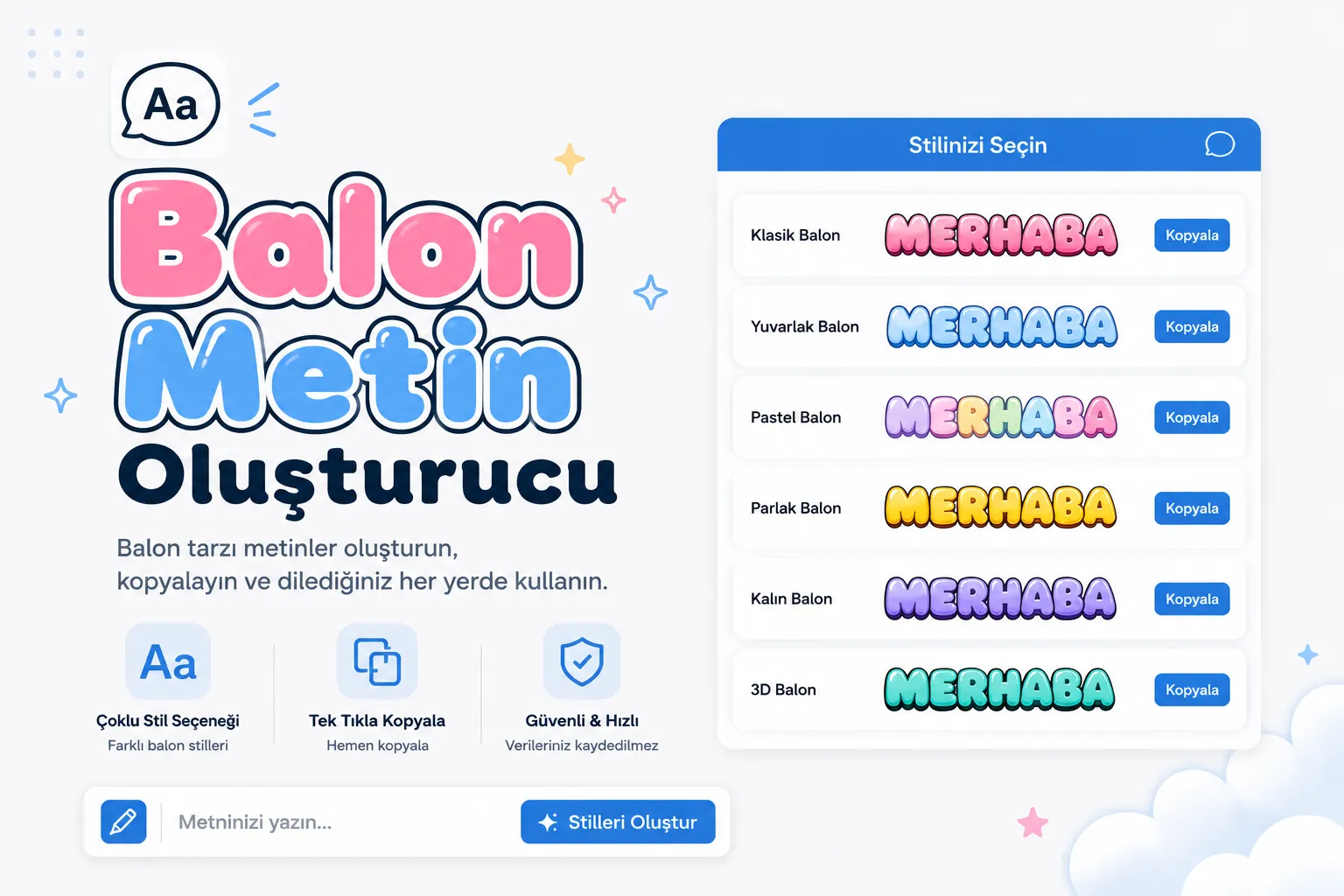 The word Hello şu stillerde gösterilmiş: open circled, filled circled and squared bubble styles
