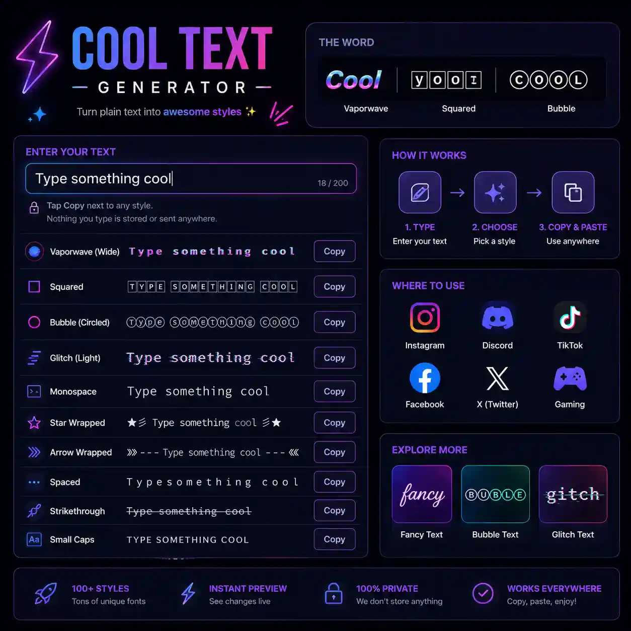 The word Cool şu stillerde gösterilmiş: vaporwave, squared and bubble styles