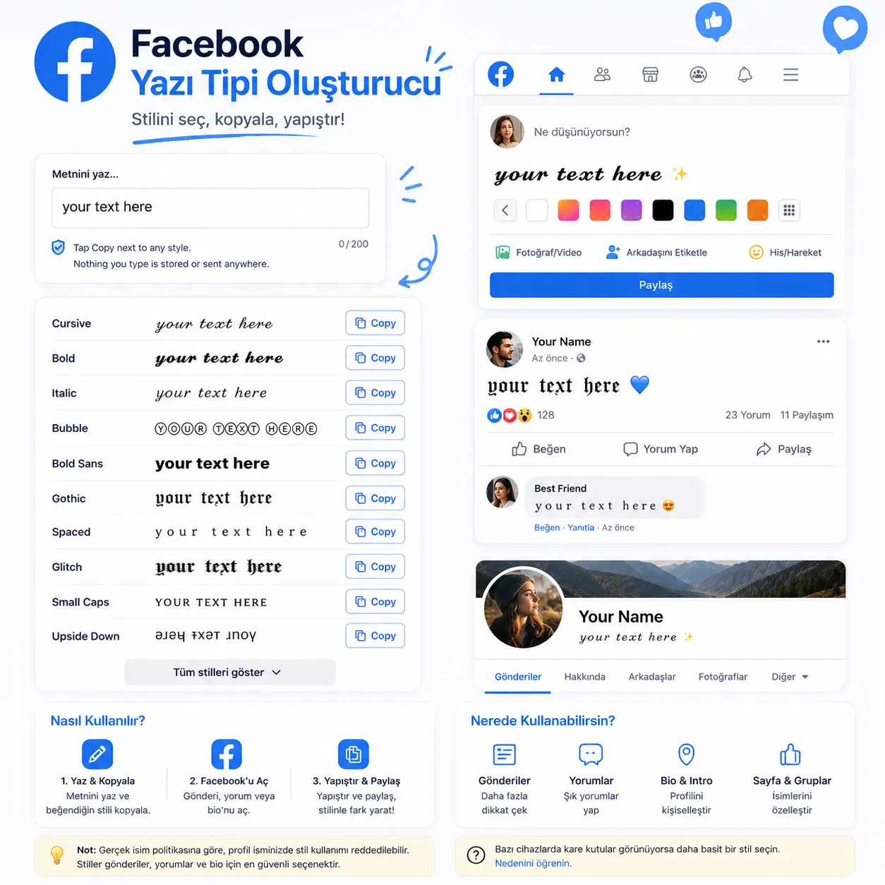 A Facebook post mockup showing a stylish font in the text