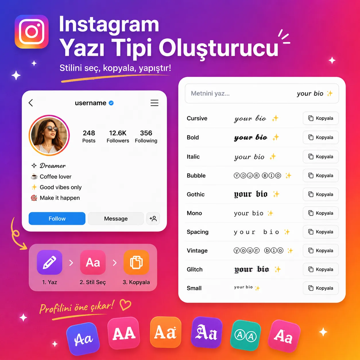 Bio ve ad alanında şık yazı tipi gösteren bir Instagram profil örneği